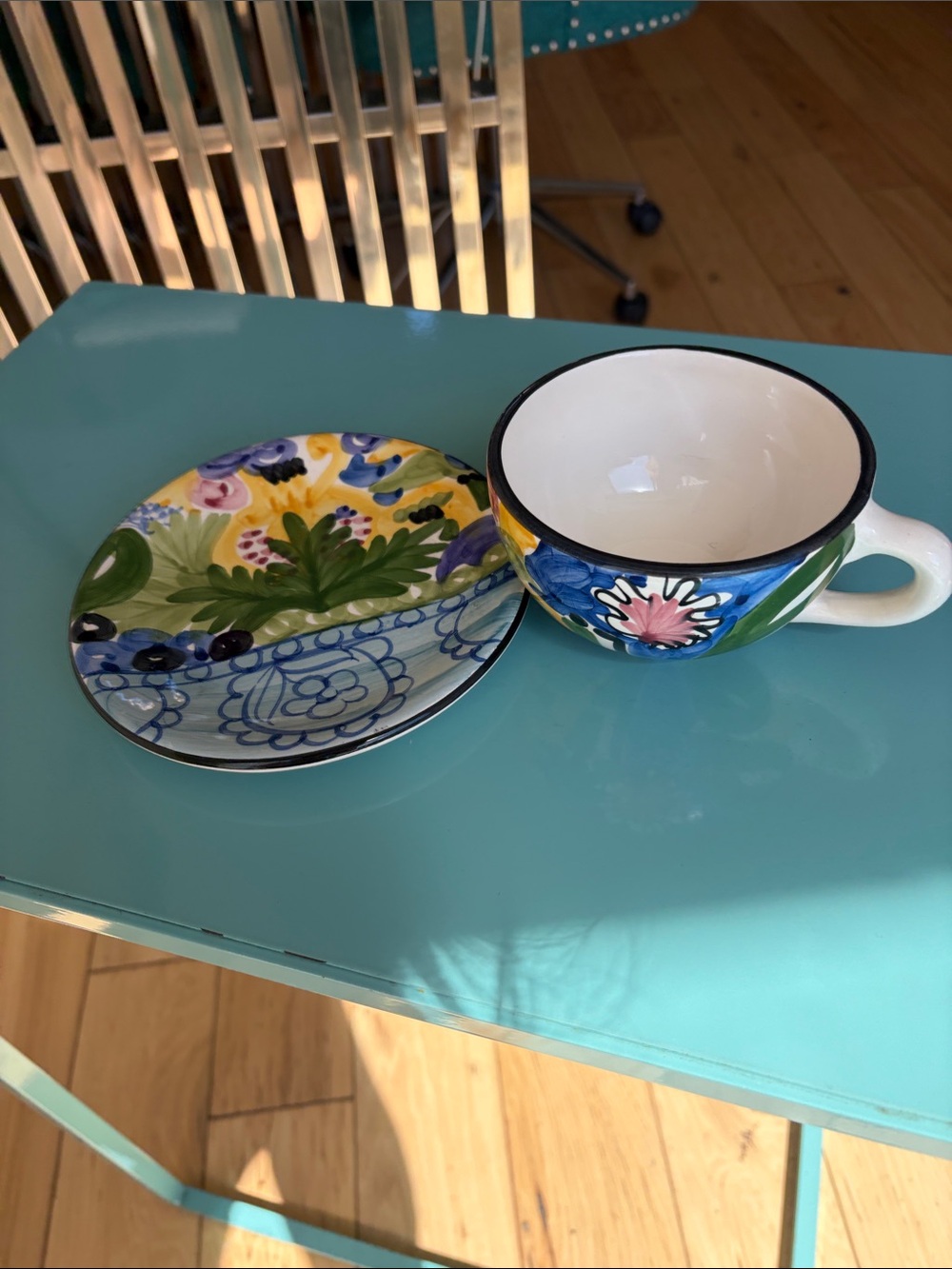 Crate&Barrel Hand-Painted Floral Blue, Green & Yellow Set of 4 Mug with Saucer